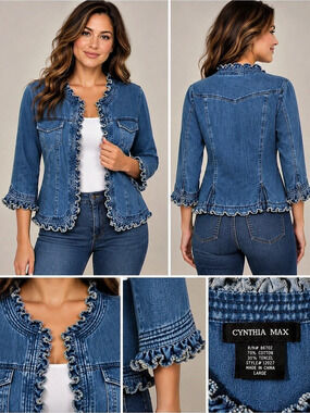Cynthia Max Denim Ruffle Jacket Blue Tencel Cotton Open Front Size Large